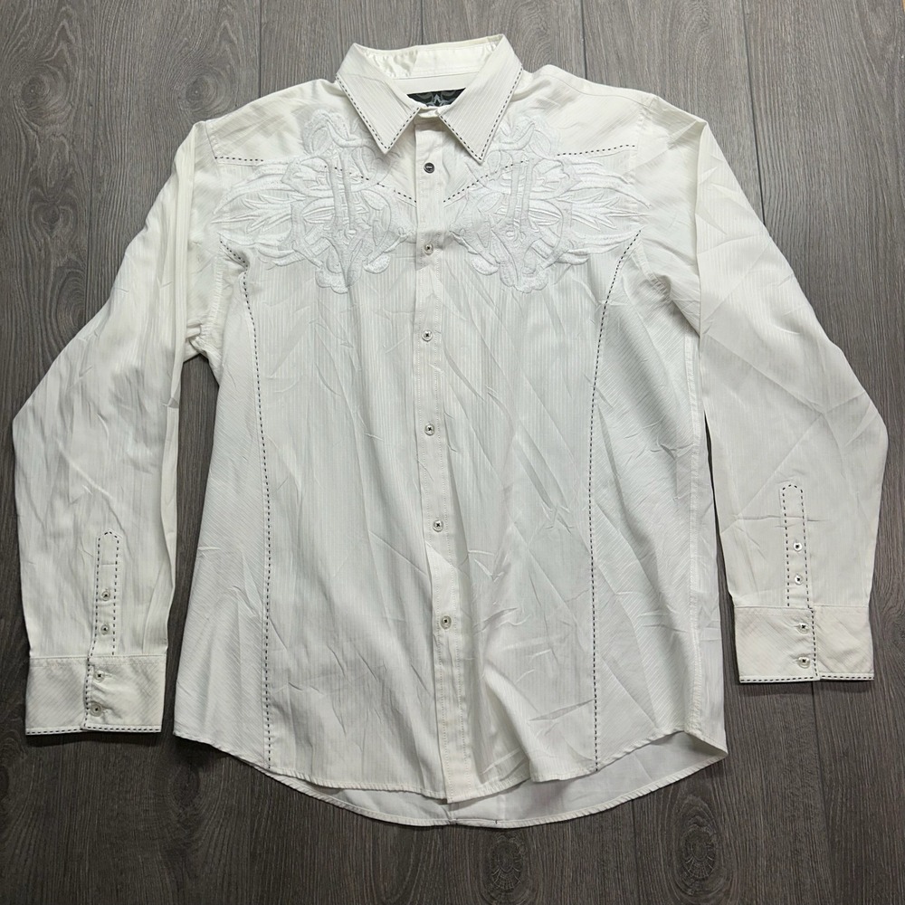 Roar Mens XXL White Embroidered Y2K Button Down Shirt Western Long Sleeve